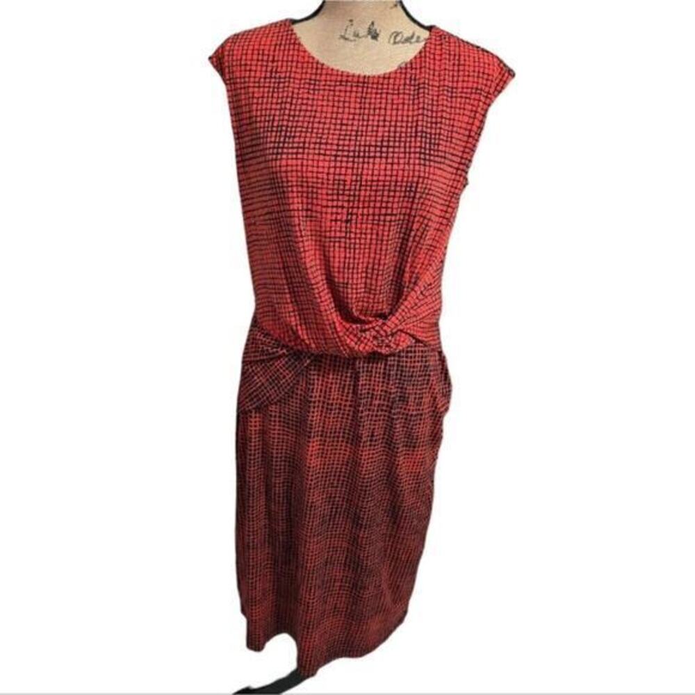 Halston Knee Length Dress Abstract Print Sleeveless Casual Career Red Size Small